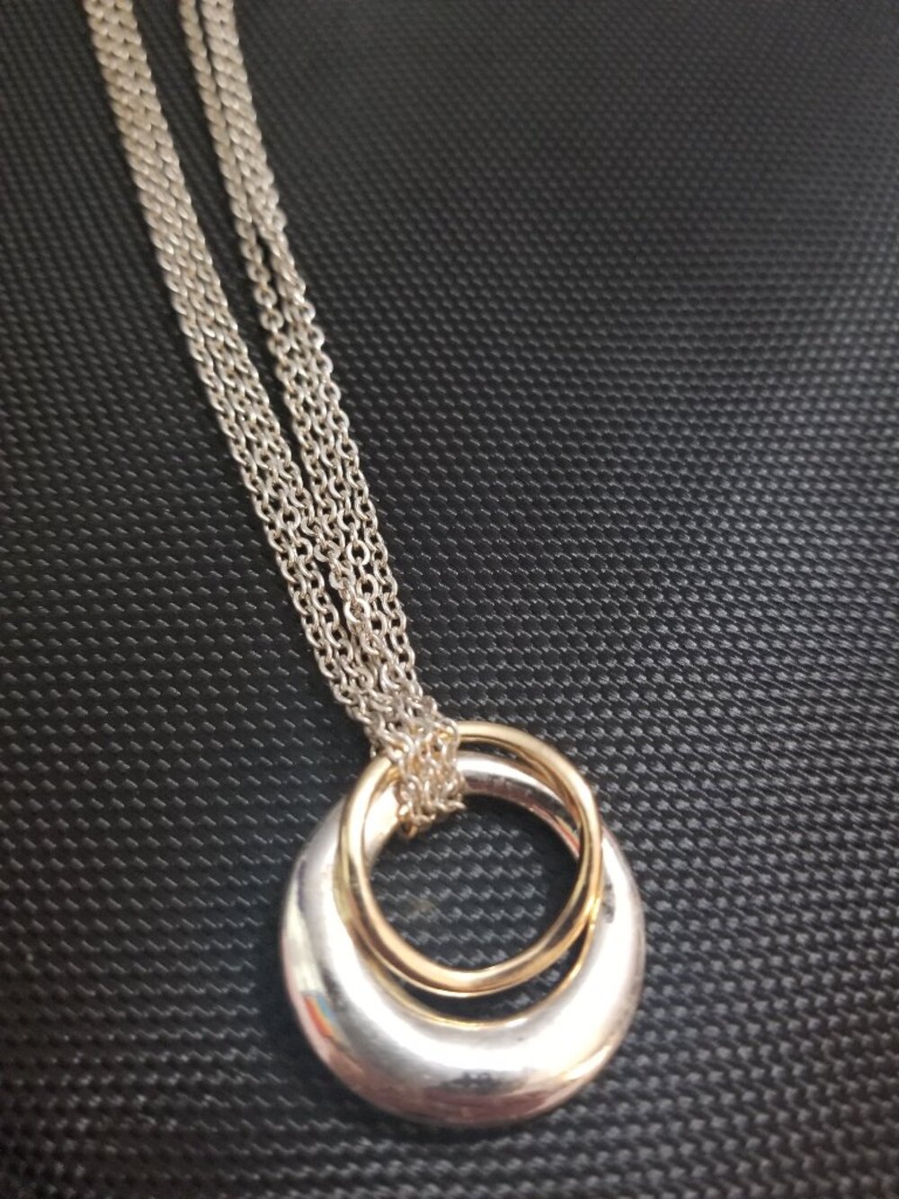 Hammered Double Gold & Silver Floating/Sliding Rings Three-Chain-Necklace